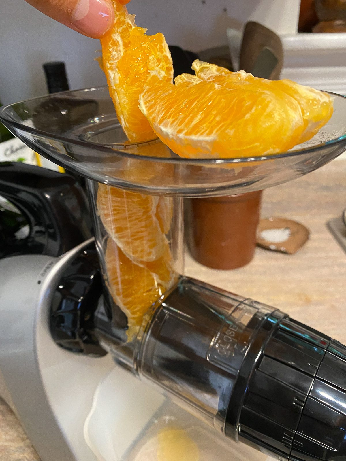 Process of adding oranges to juicer.
