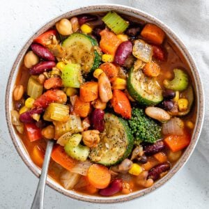 completed vegetable stew in a white bowl against a white surface
