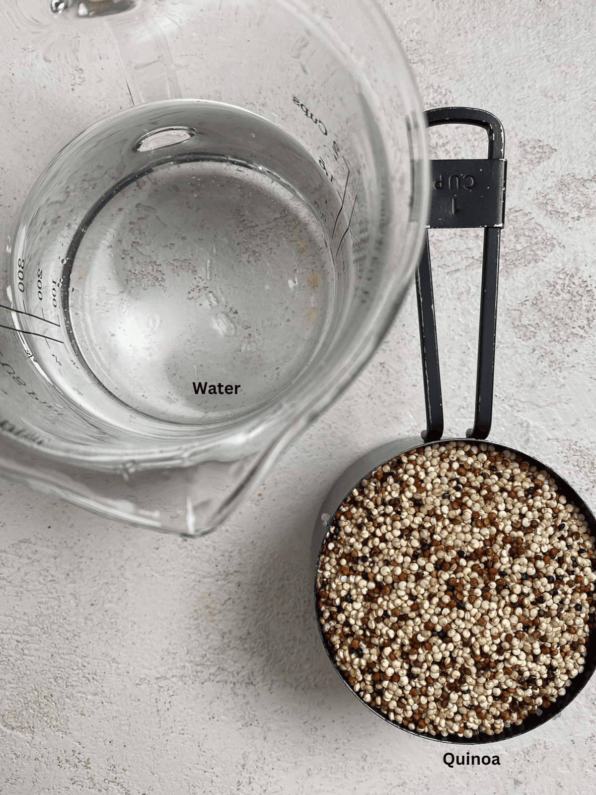 Ingredients for Pressure Cooker Quinoa Ingredients measured out on a white surface.