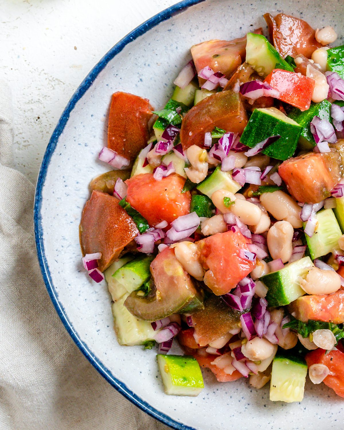 Completed Easy Mediterranean White Bean Salad in a bowl.