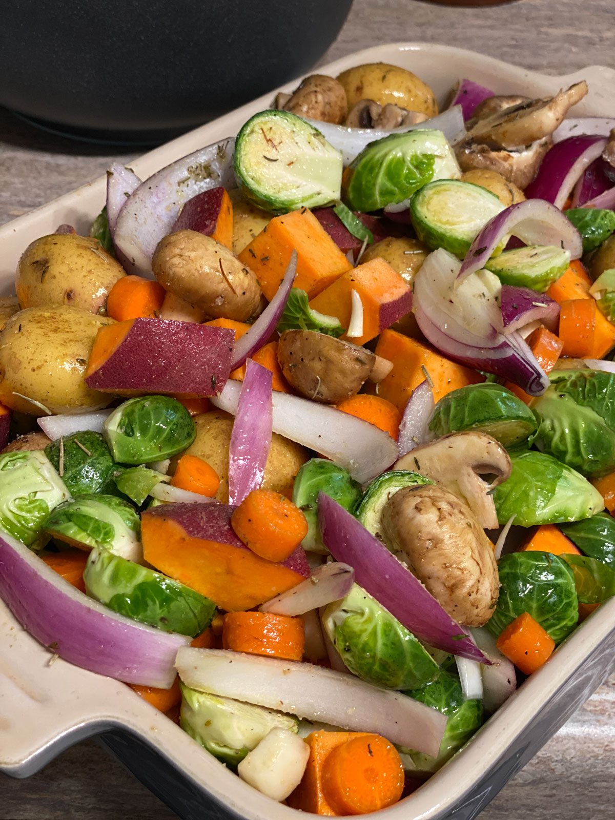 pre-baked Roasted Vegetables in a baking dish