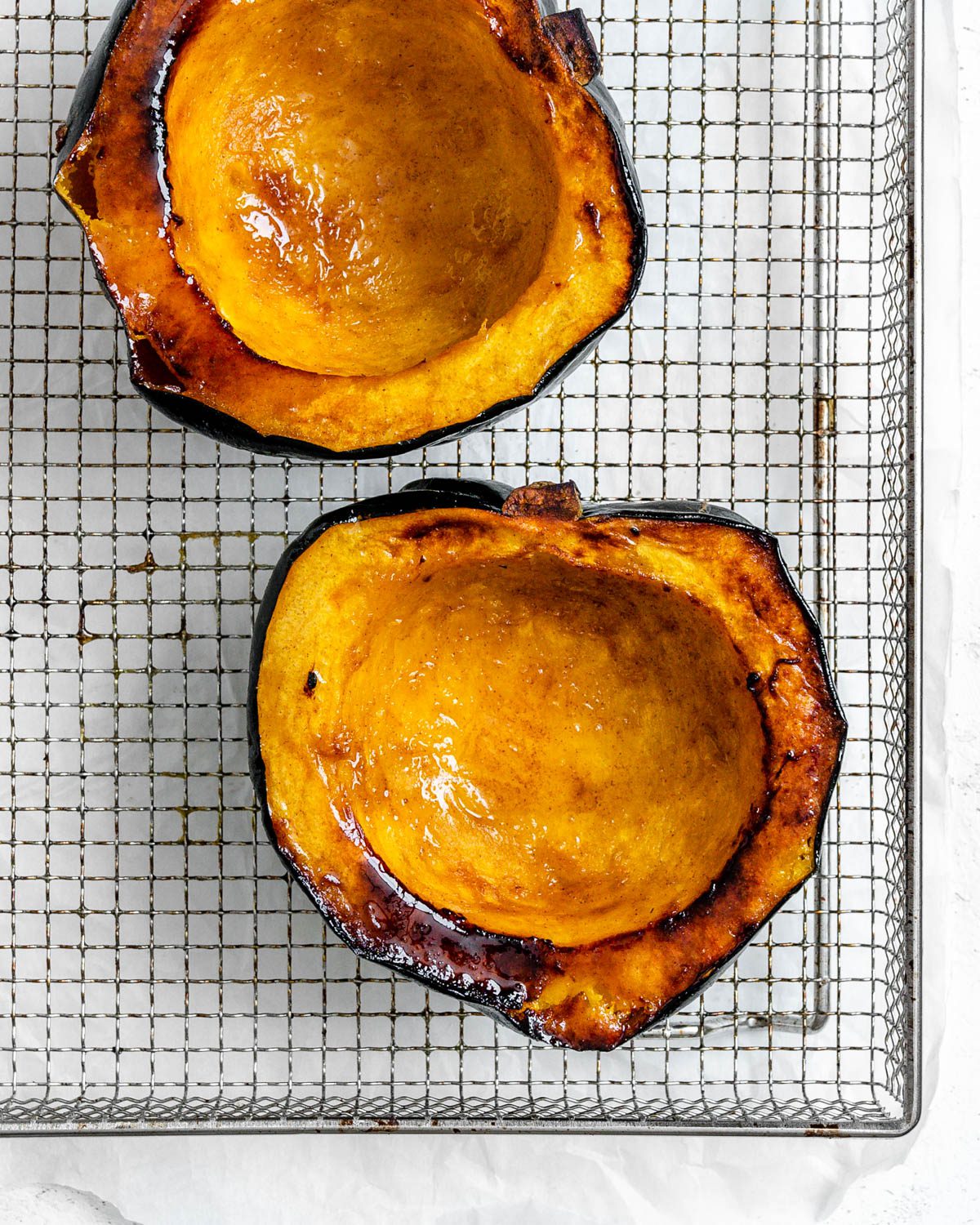completed Easy Air Fryer Acorn Squash on a wire rack