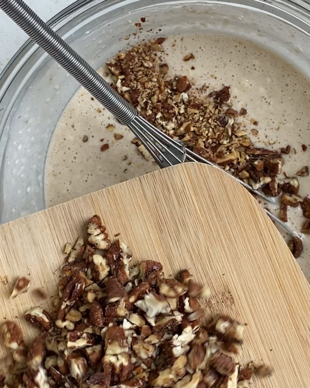 process of adding pecans to flour mixture
