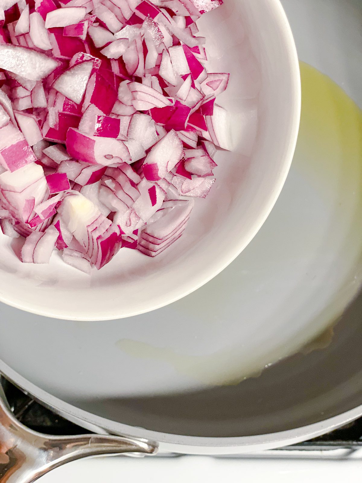 process of adding onion to a pan