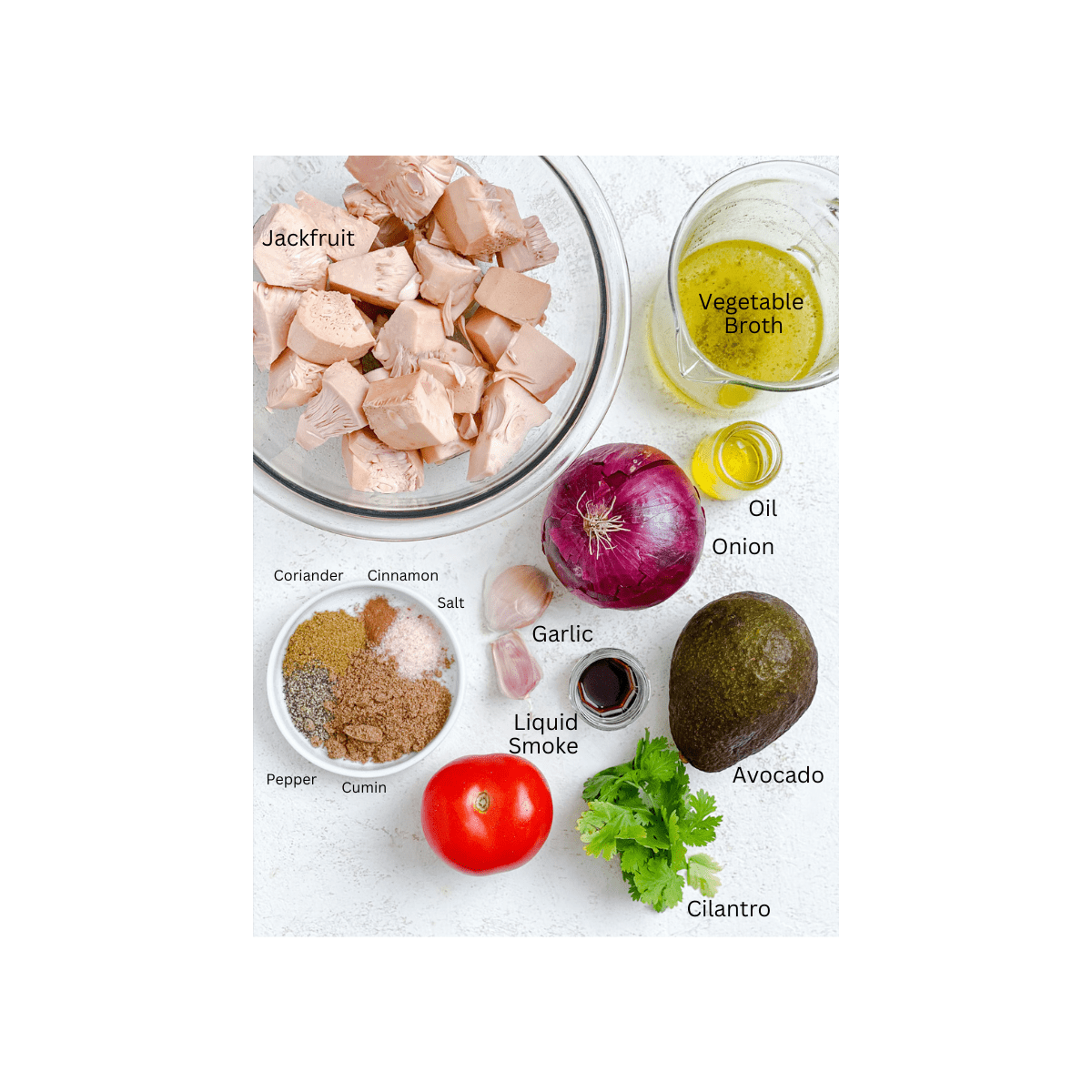 ingredients for Easy Jackfruit Carnitas measured out against a white surface