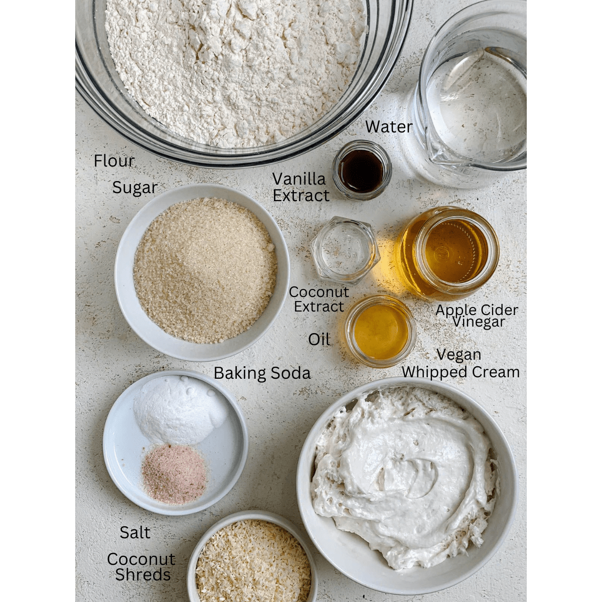 ingredients for Fluffy Vegan Coconut Cake measured out against a light surface