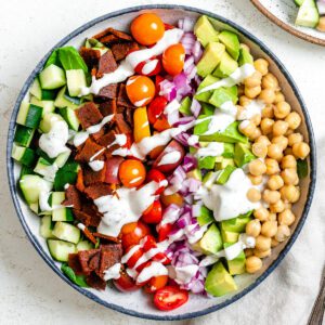 completed Vegan Cobb Salad against a light surface