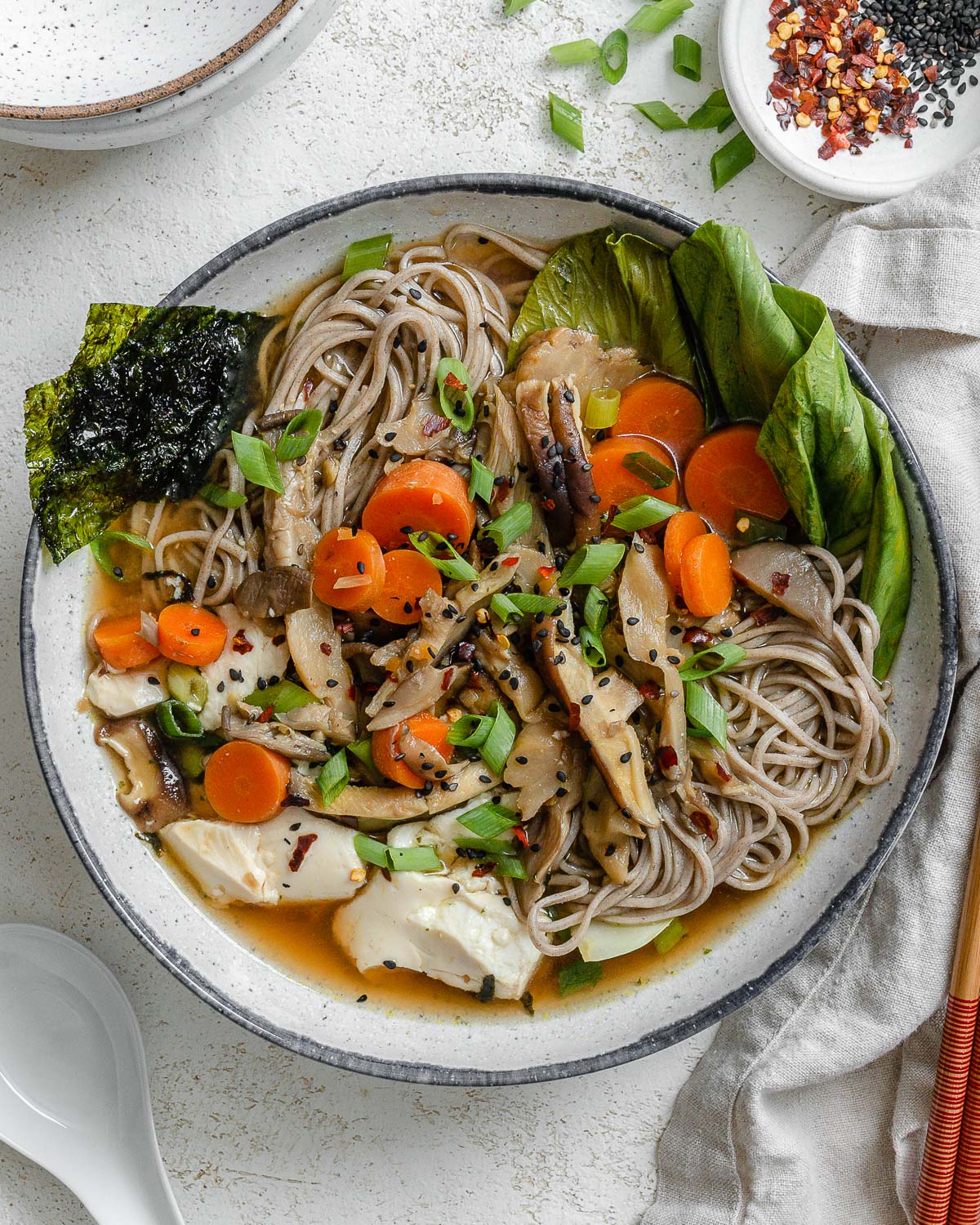 completed Easy Vegan Mushroom Miso Soup plated in a bowl against a light background