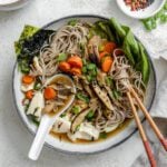 completed Easy Vegan Mushroom Miso Soup plated in a bowl against a light background