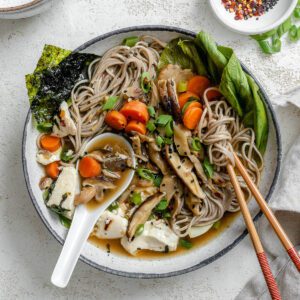 completed Easy Vegan Mushroom Miso Soup plated in a bowl against a light background