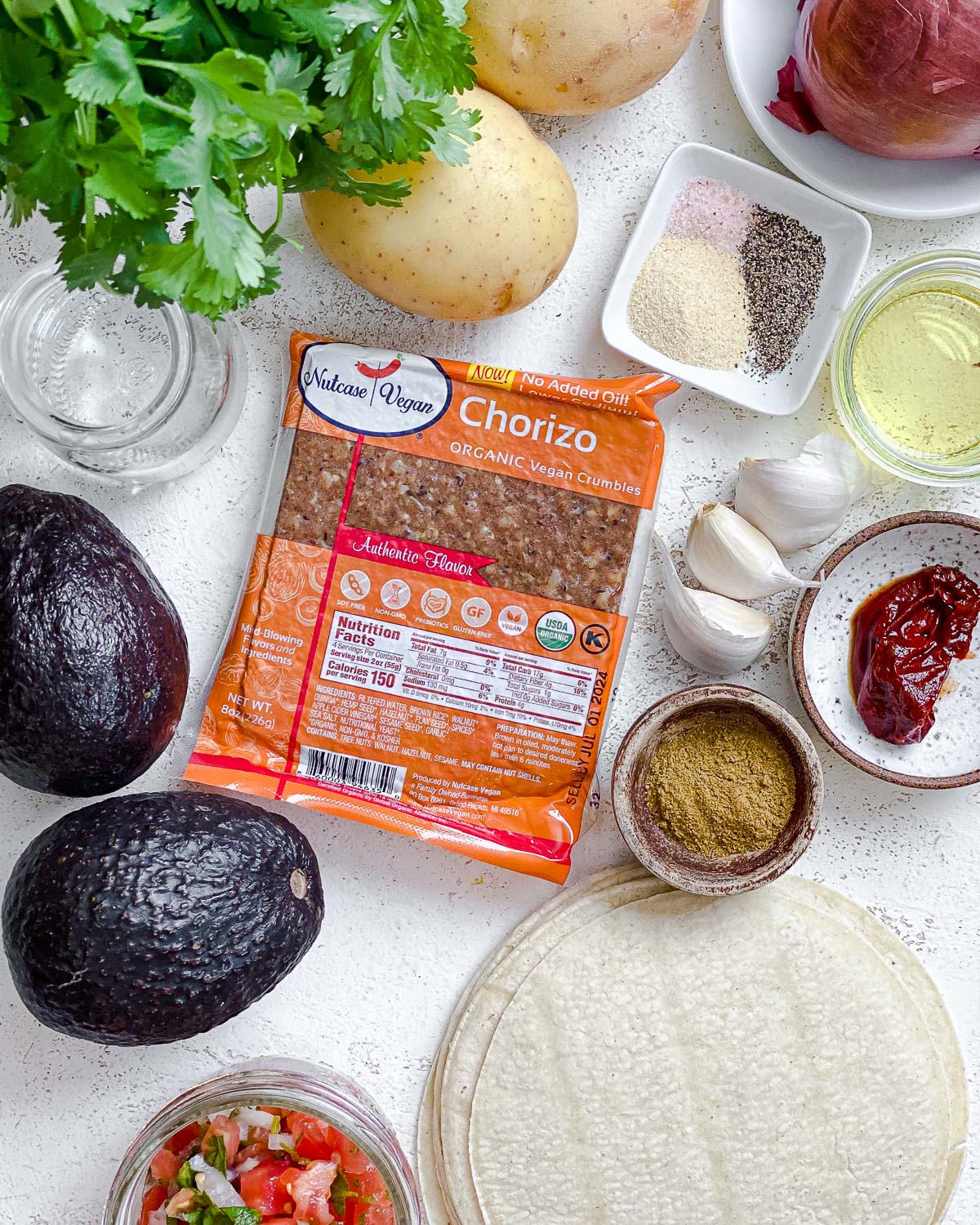ingredients for Vegan Chorizo Tacos measured out against a light surface