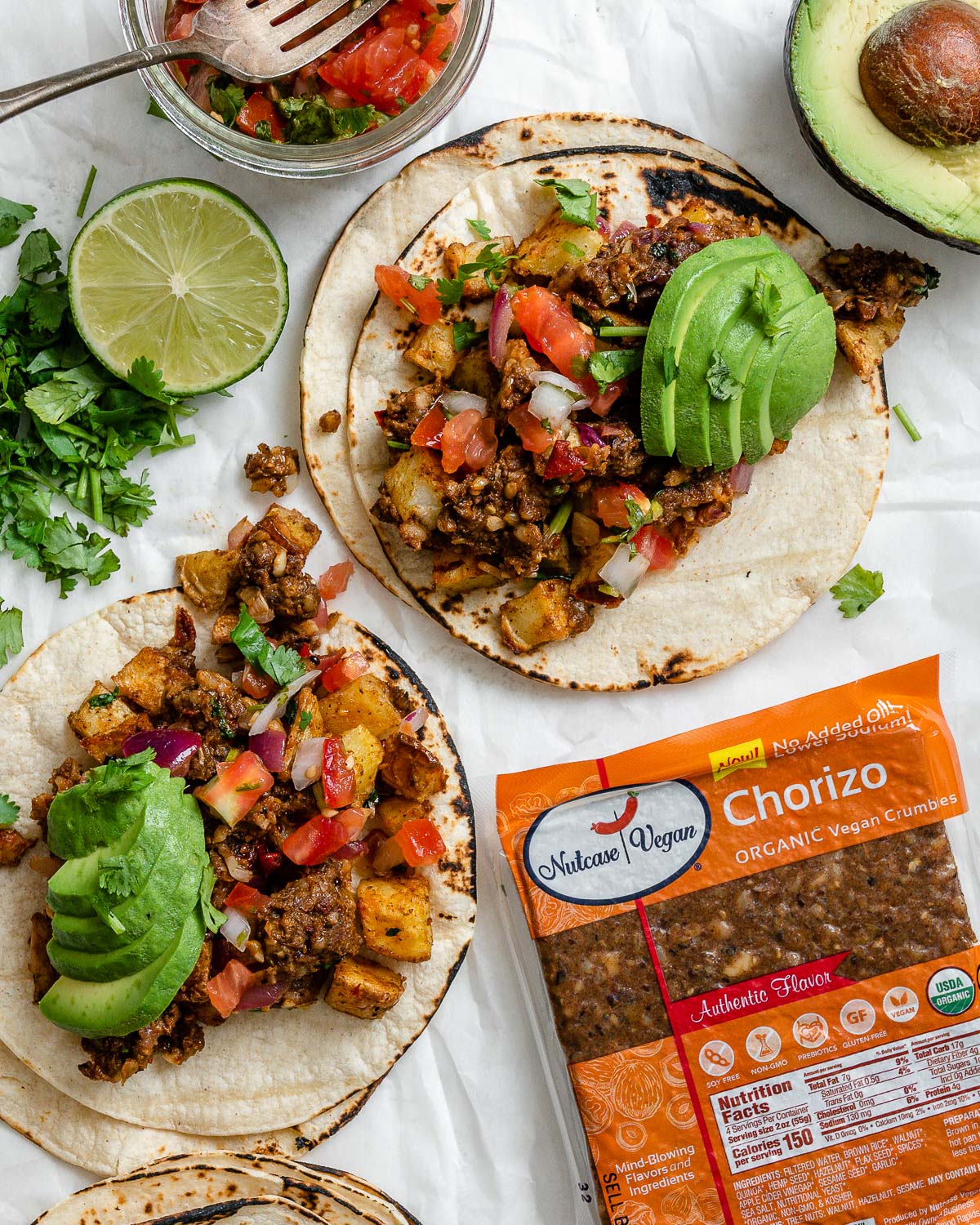 completed Vegan Chorizo Tacos against a white surface