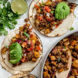 completed Vegan Chorizo Tacos against a white surface
