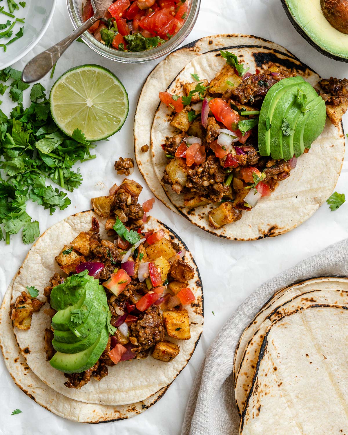 completed Vegan Chorizo Tacos against a white surface