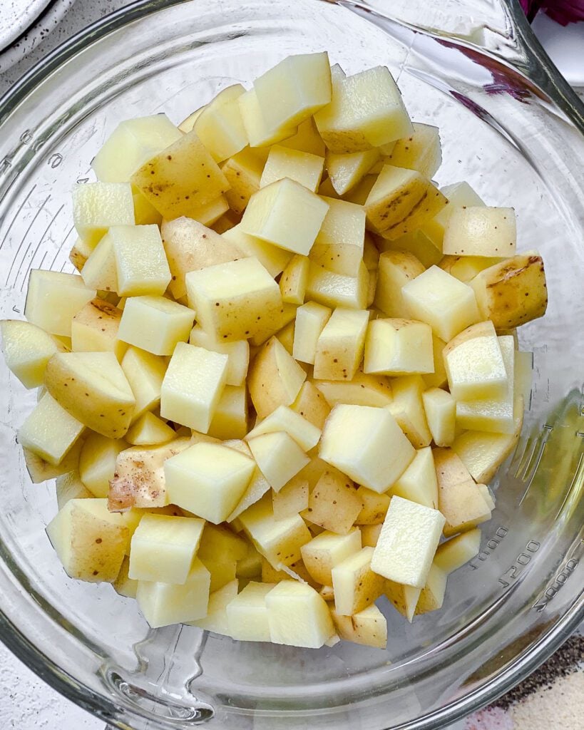 diced potatoes in a glass bowl