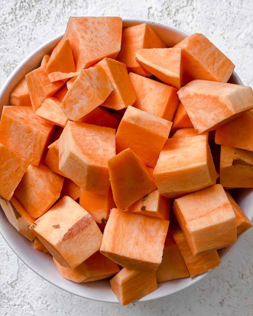 cubed sweet potatoes in a dish