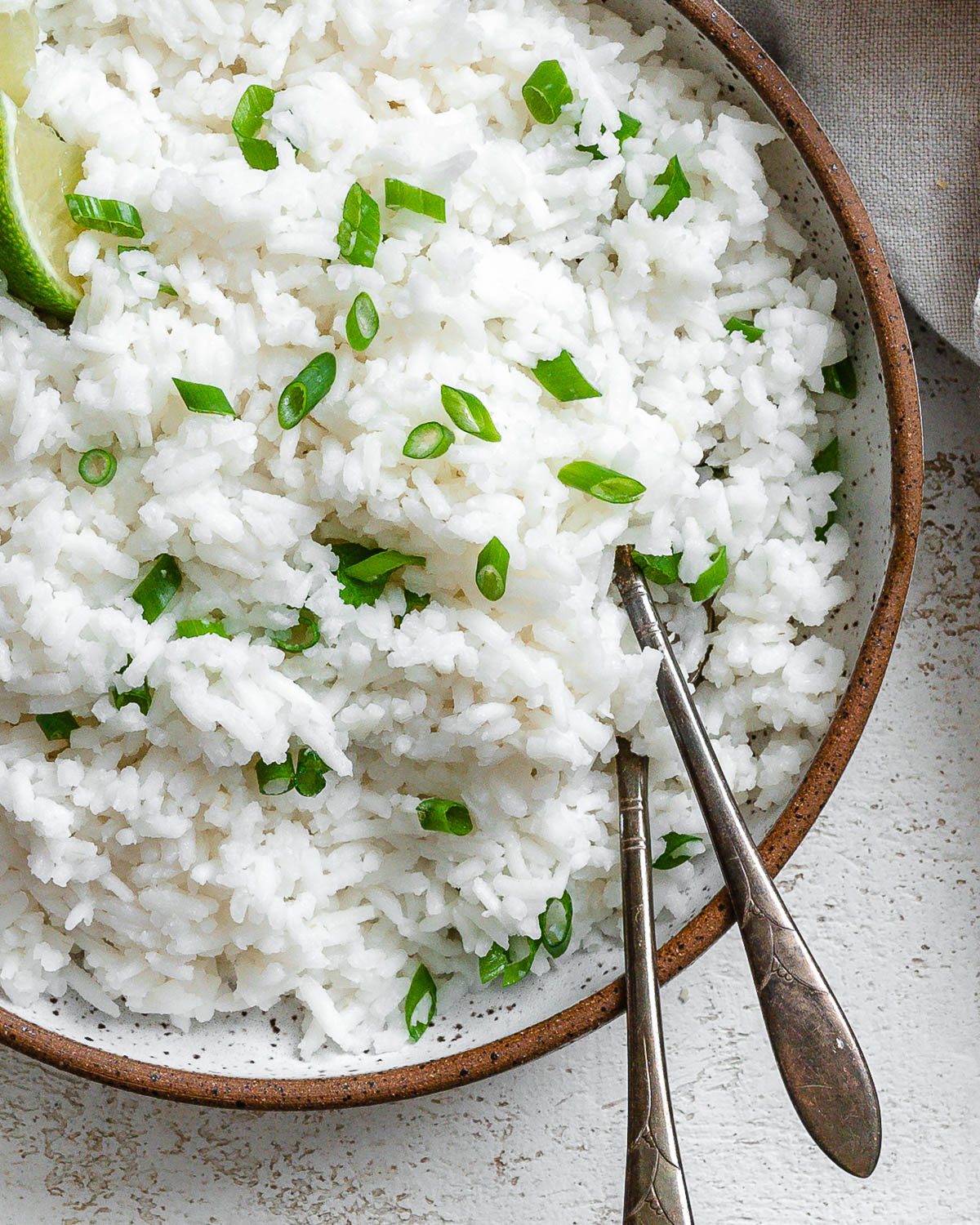 completed Coconut Basmati Rice plated in a bowl against a light background