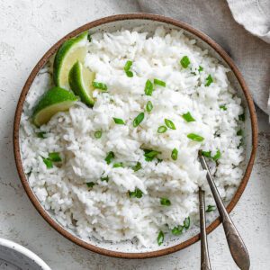 completed Coconut Basmati Rice plated in a bowl against a light background