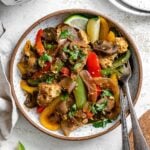 completed Instant Pot Fajita Vegetables against a white surface