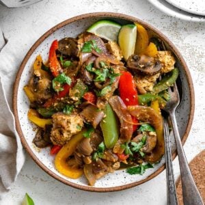 completed Instant Pot Fajita Vegetables against a white surface