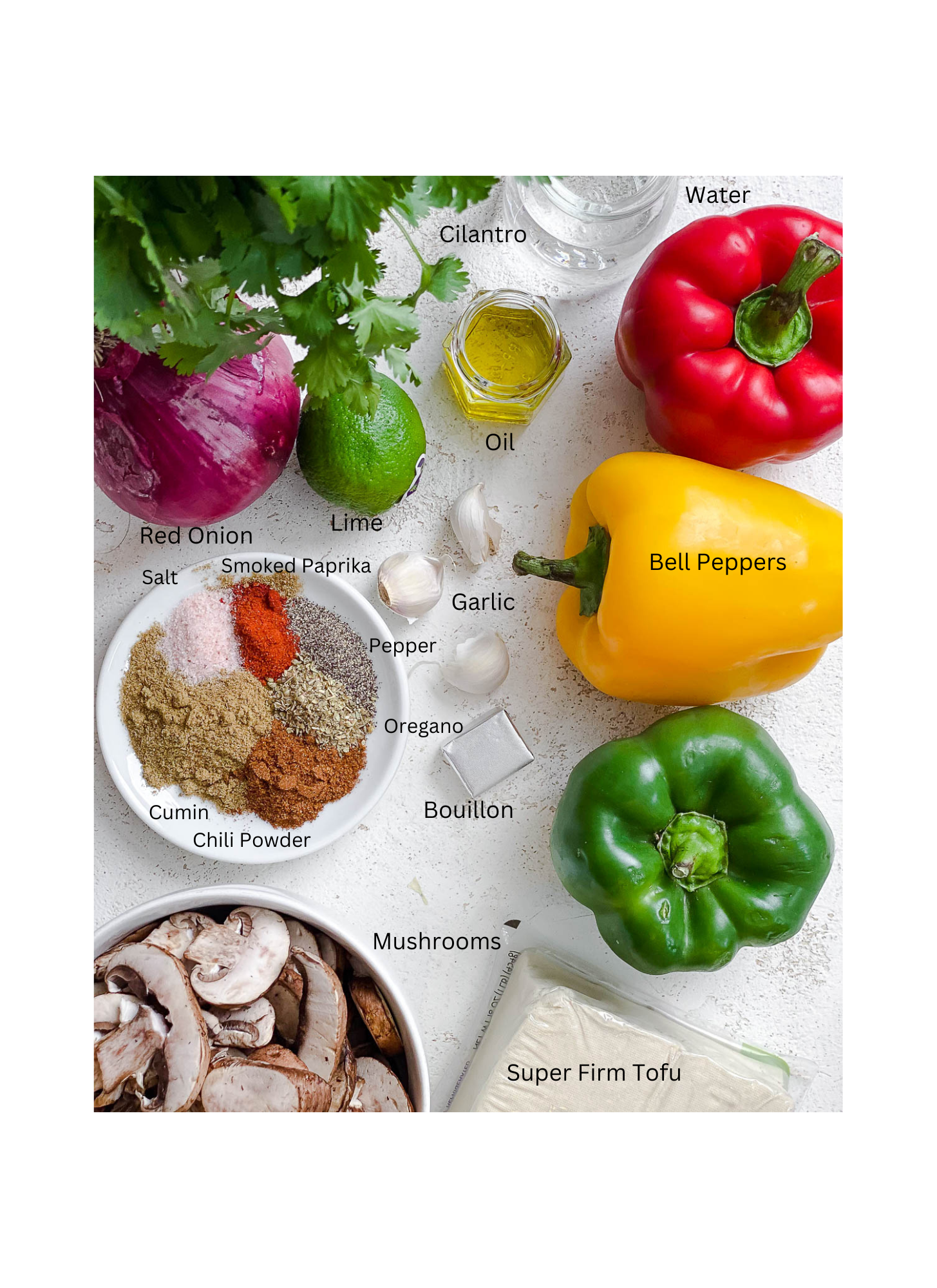 ingredients for Instant Pot Fajita Vegetables measured out against a white surface