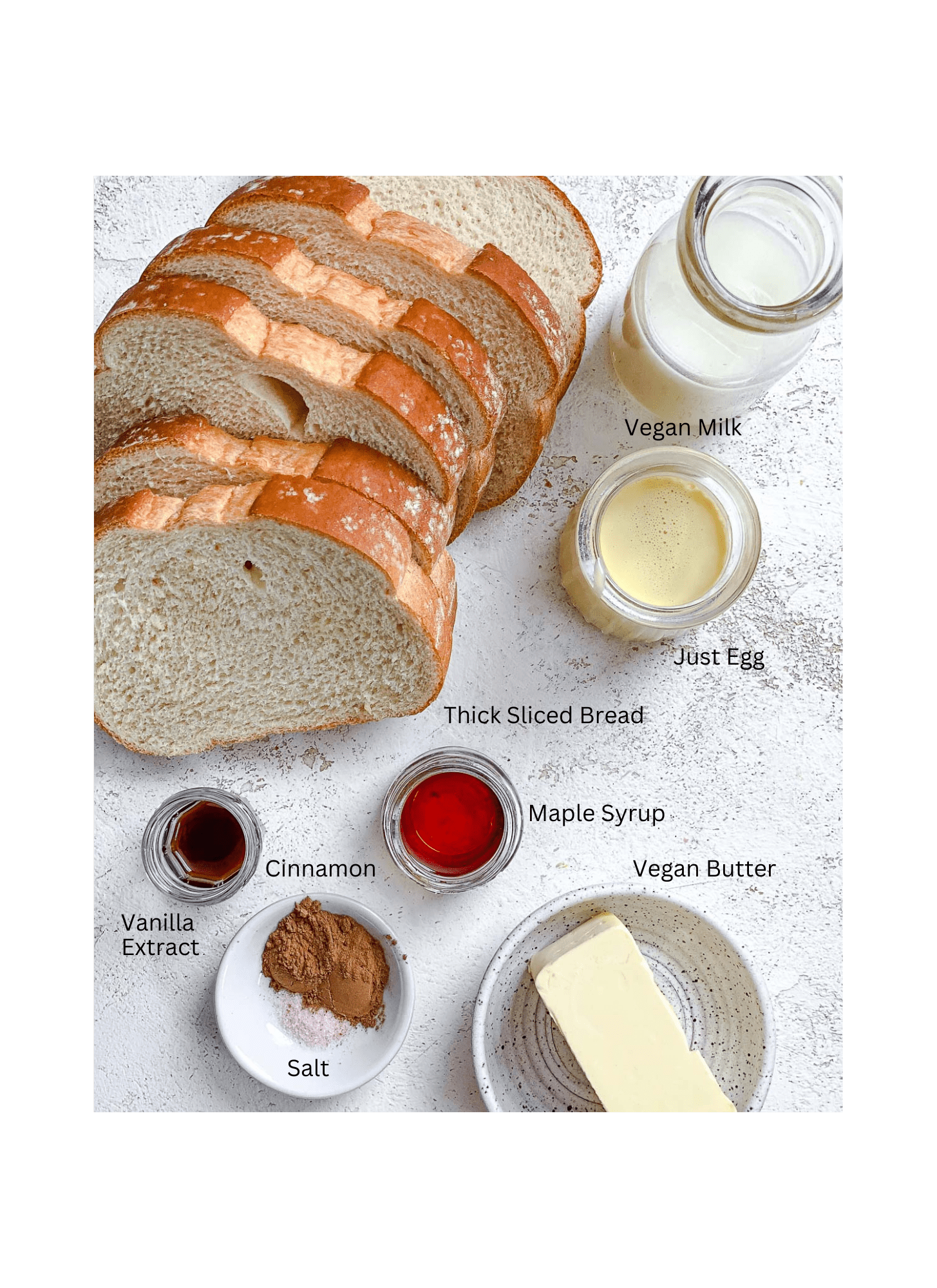 ingredients for Just Egg French Toast measured out against a white surface