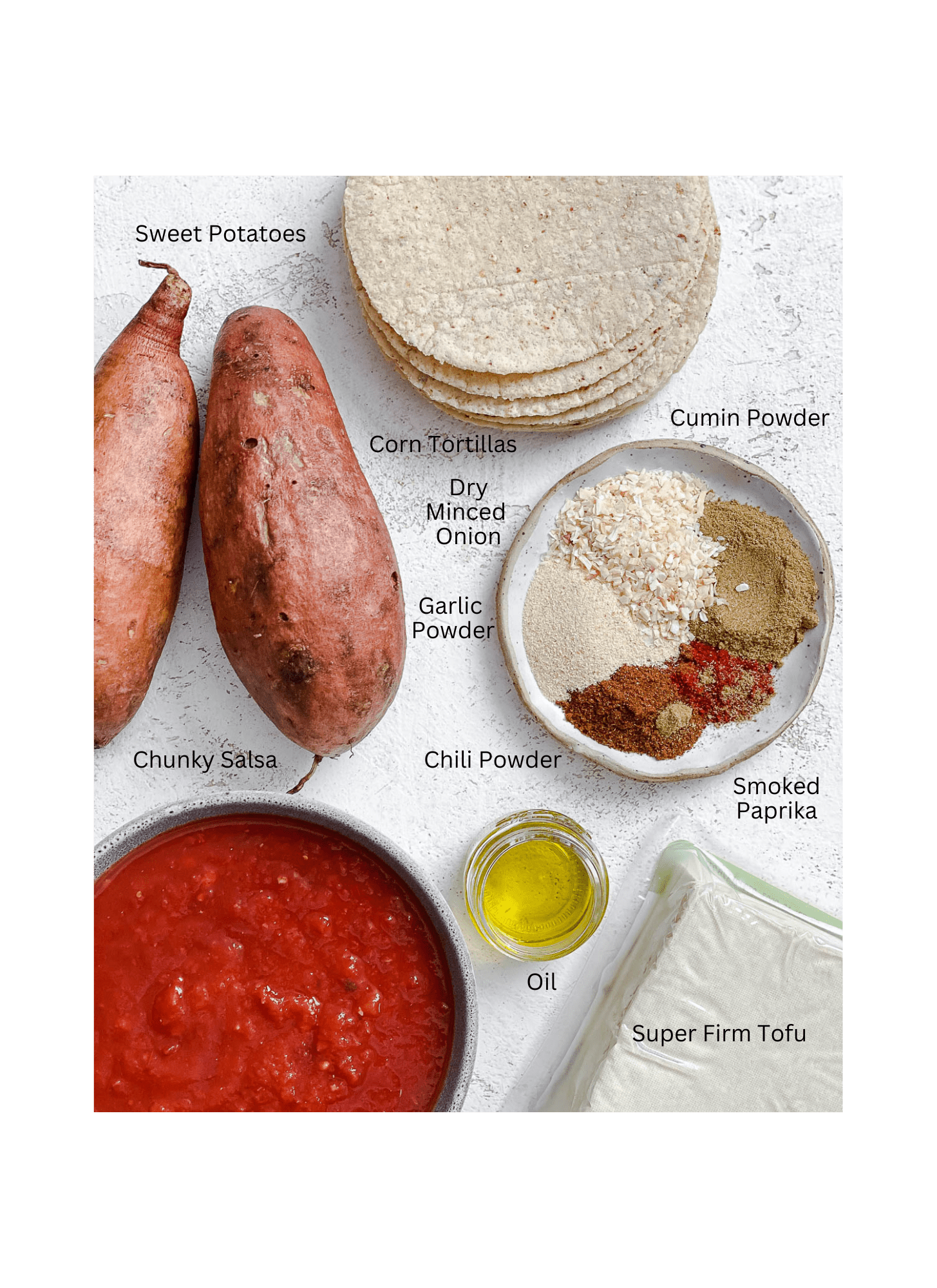 ingredients for Taquitos measured out against a white surface