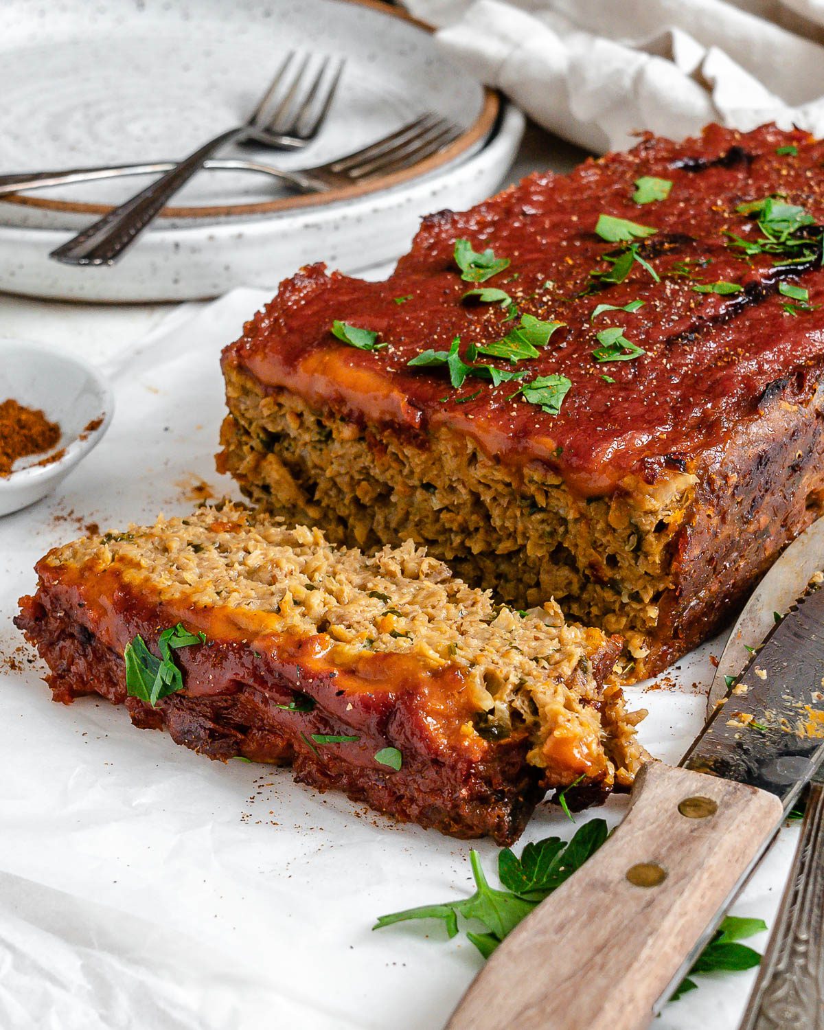 completed Beyond Meat Meatloaf against a white surface
