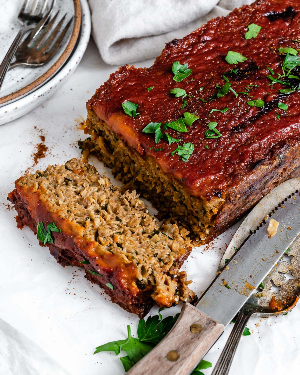 completed Beyond Meat Meatloaf against a white surface