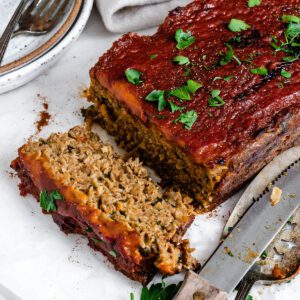 completed Beyond Meat Meatloaf against a white surface