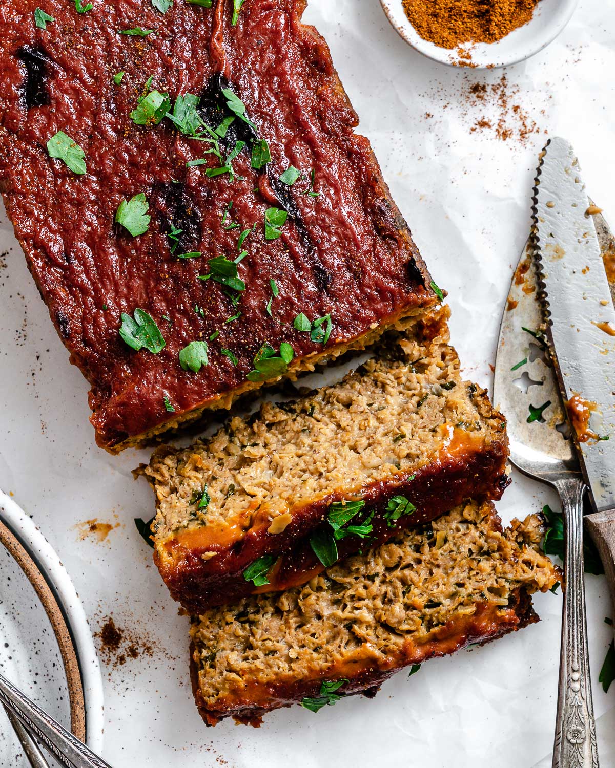 completed Beyond Meat Meatloaf against a white surface