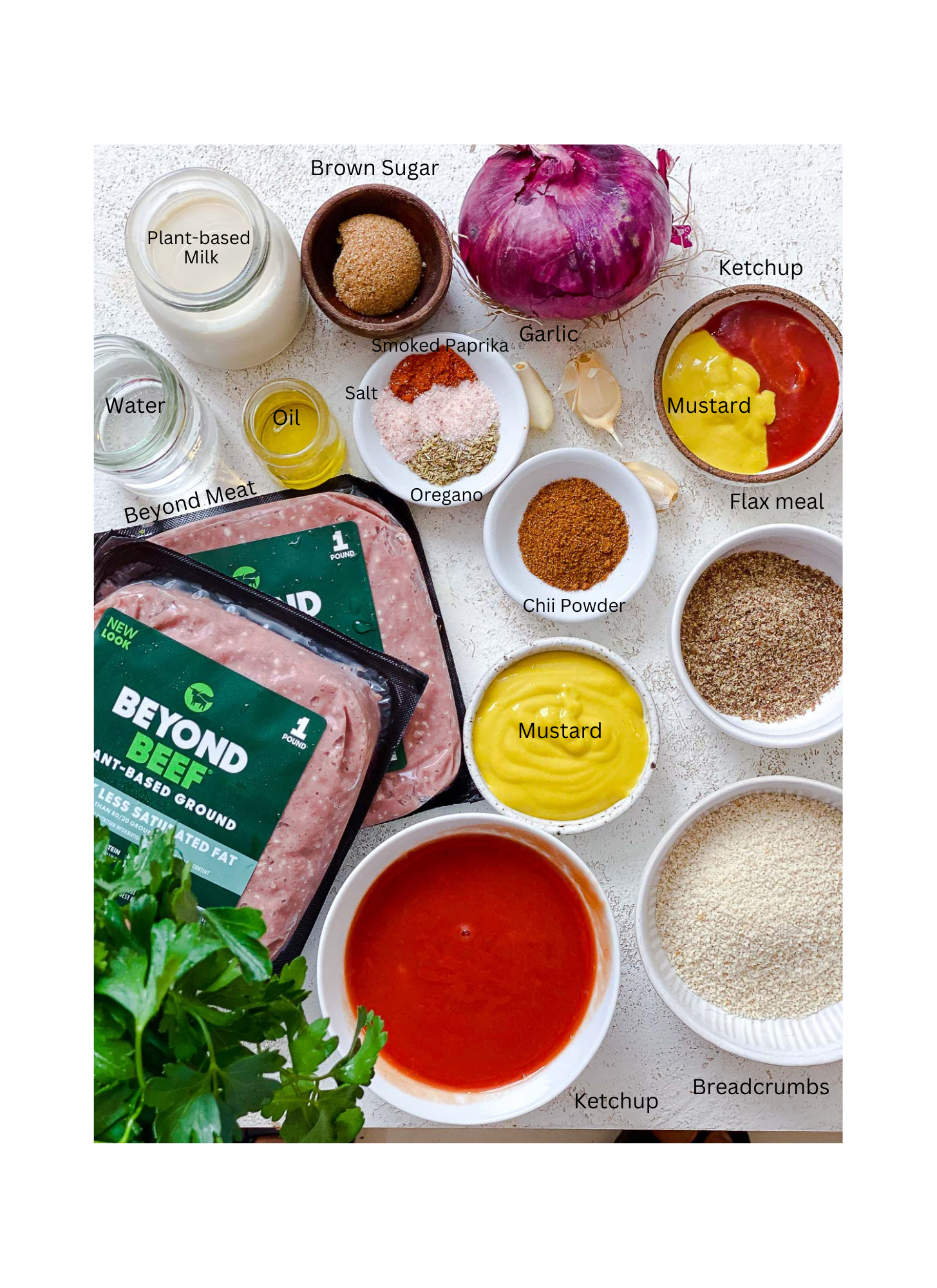 ingredients for Beyond Meat Meatloaf measured out against a white surface