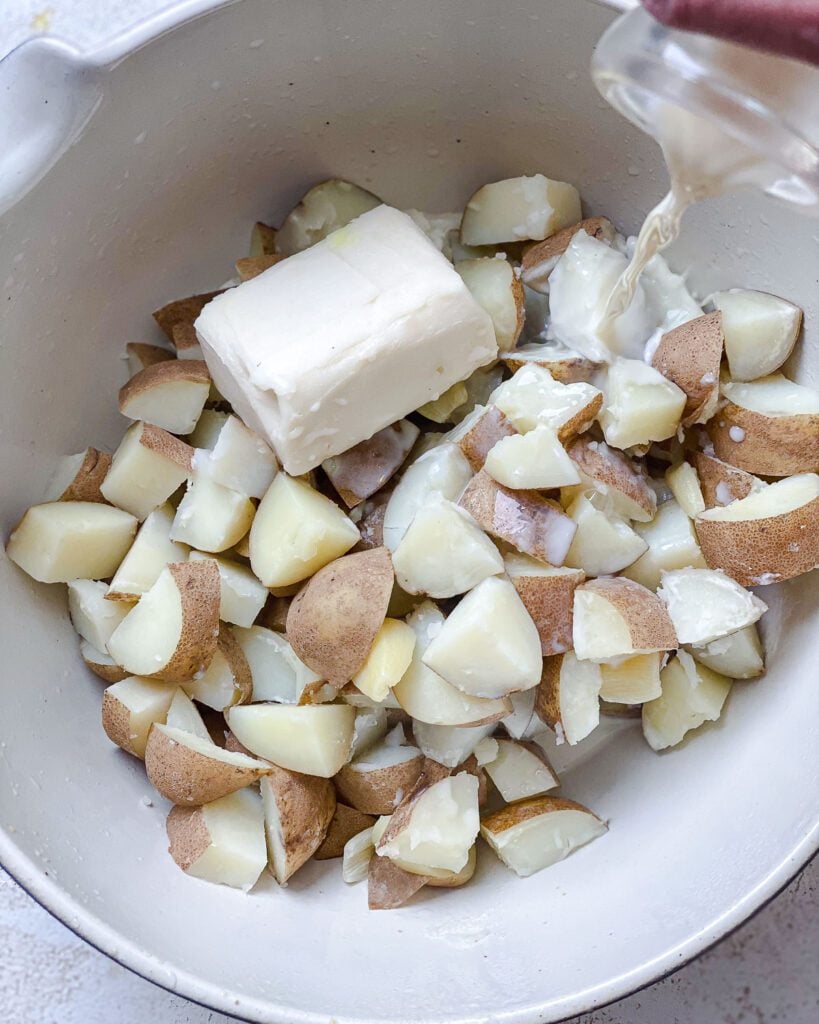 process shot showing plant milk added to pot