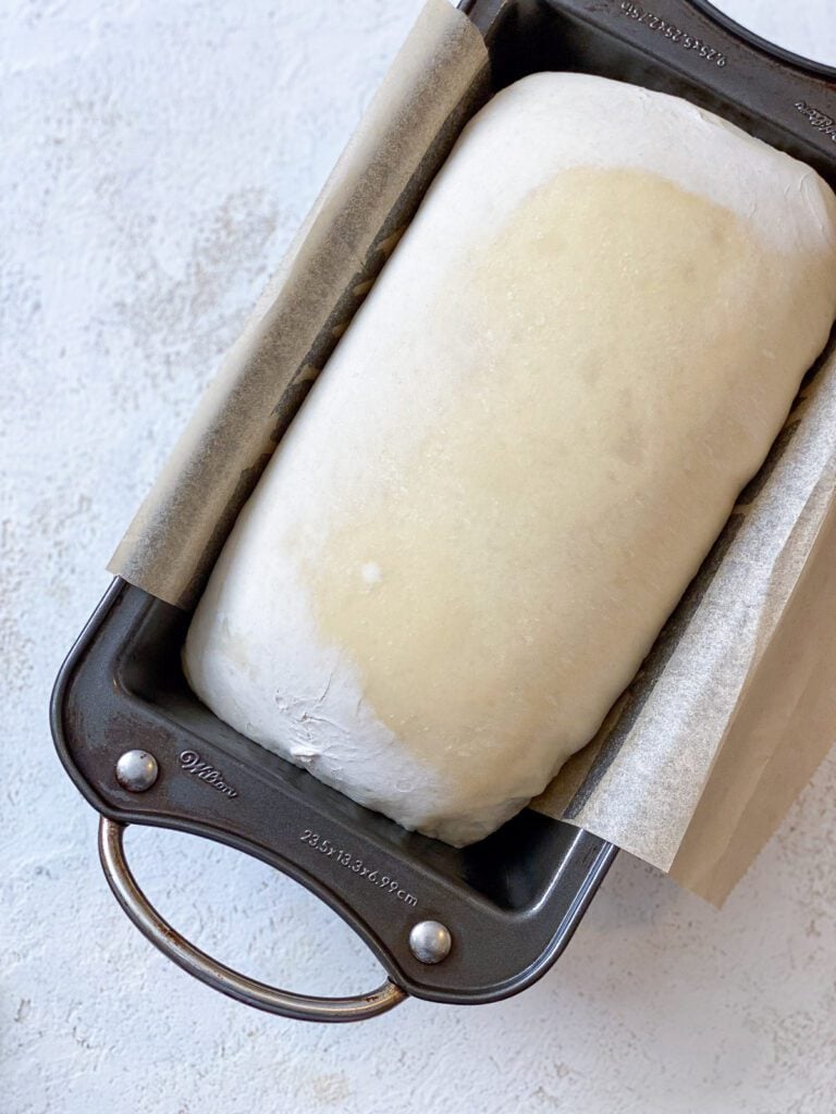 process shot showing expanded bread in bread pan