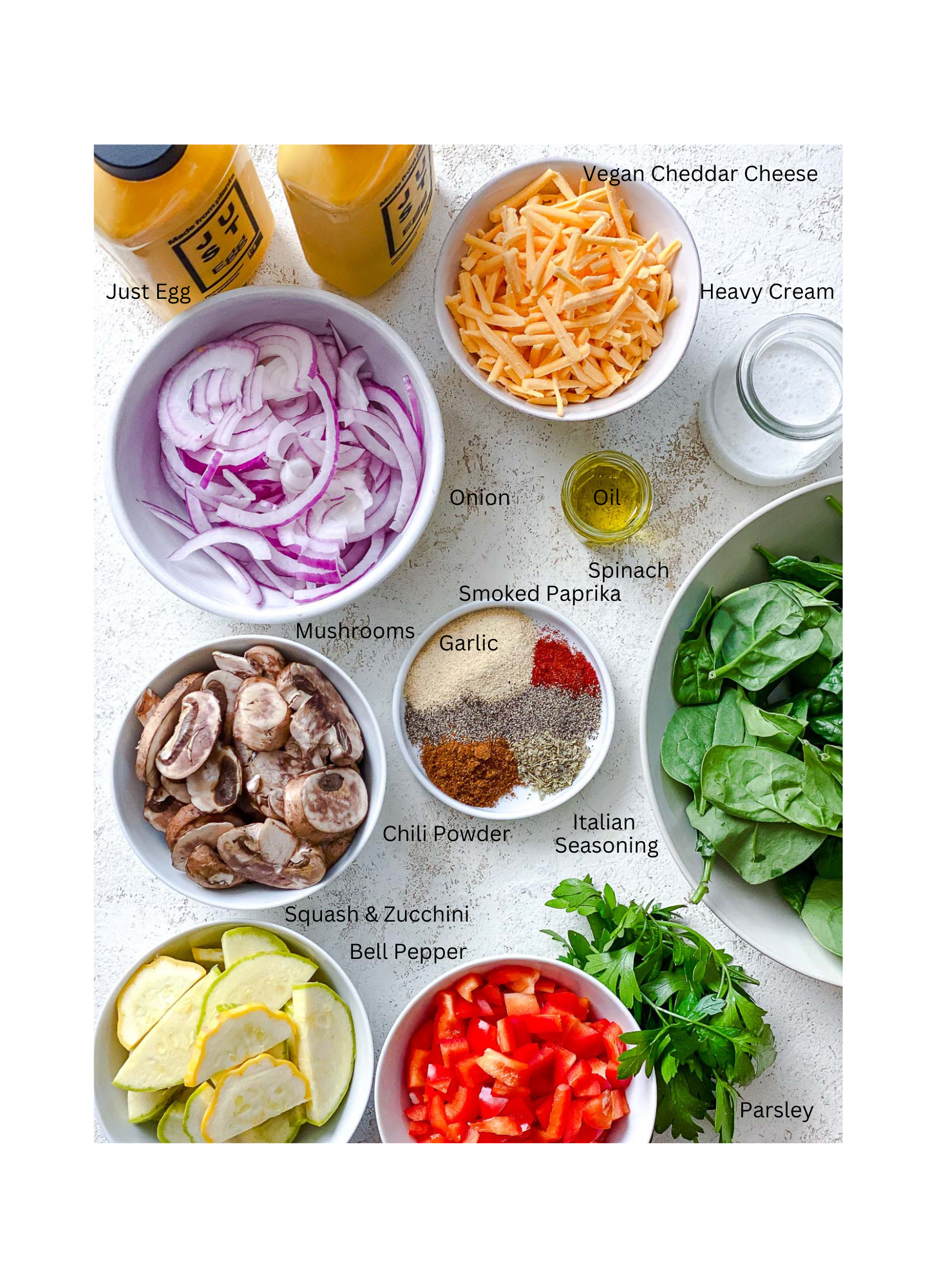 ingredients for Vegan Just Egg Frittata measured out against a white surface