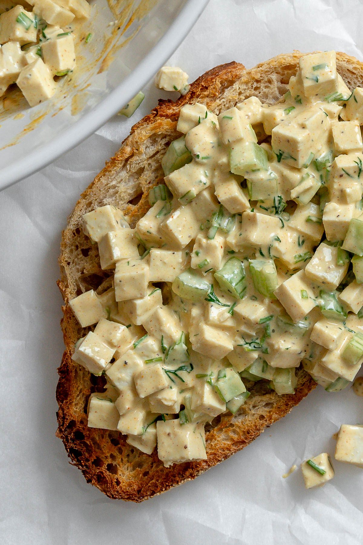 completed Vegan Egg Salad against a white surface