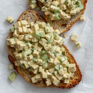 completed Vegan Egg Salad against a white surface