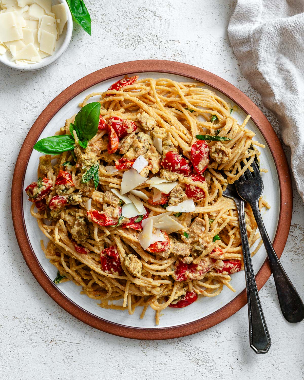 completed Easy Vegan Carbonara against a white surface