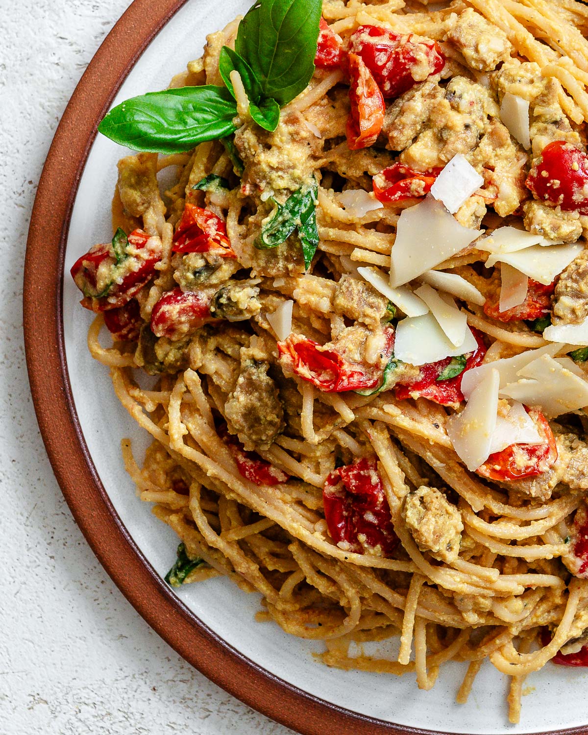 completed Easy Vegan Carbonara against a white surface