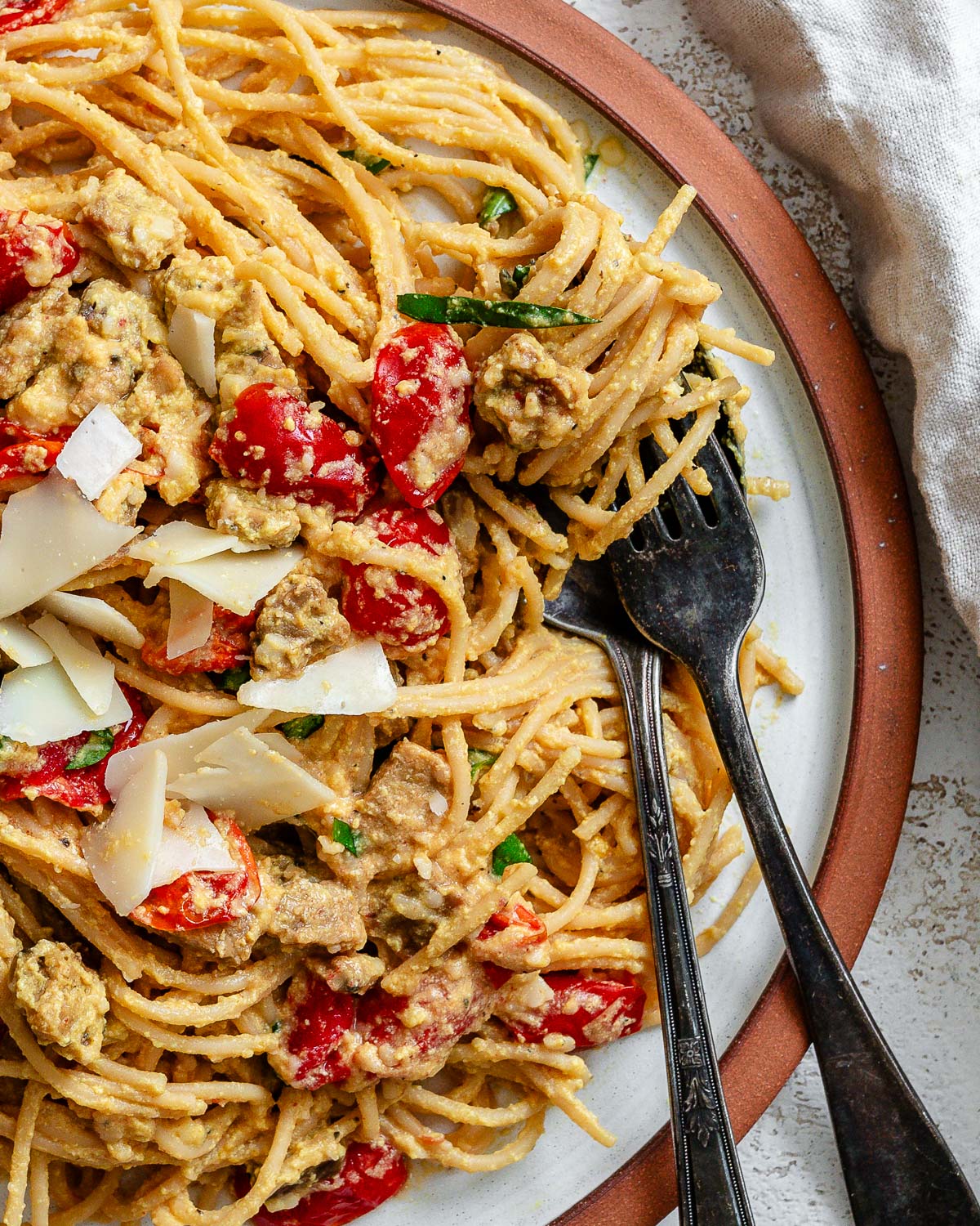 completed Easy Vegan Carbonara against a white surface