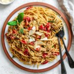 completed Easy Vegan Carbonara against a white surface