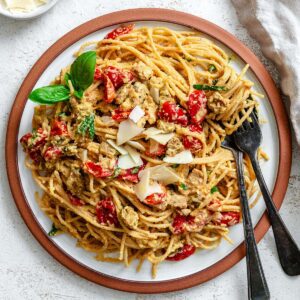 completed Easy Vegan Carbonara against a white surface