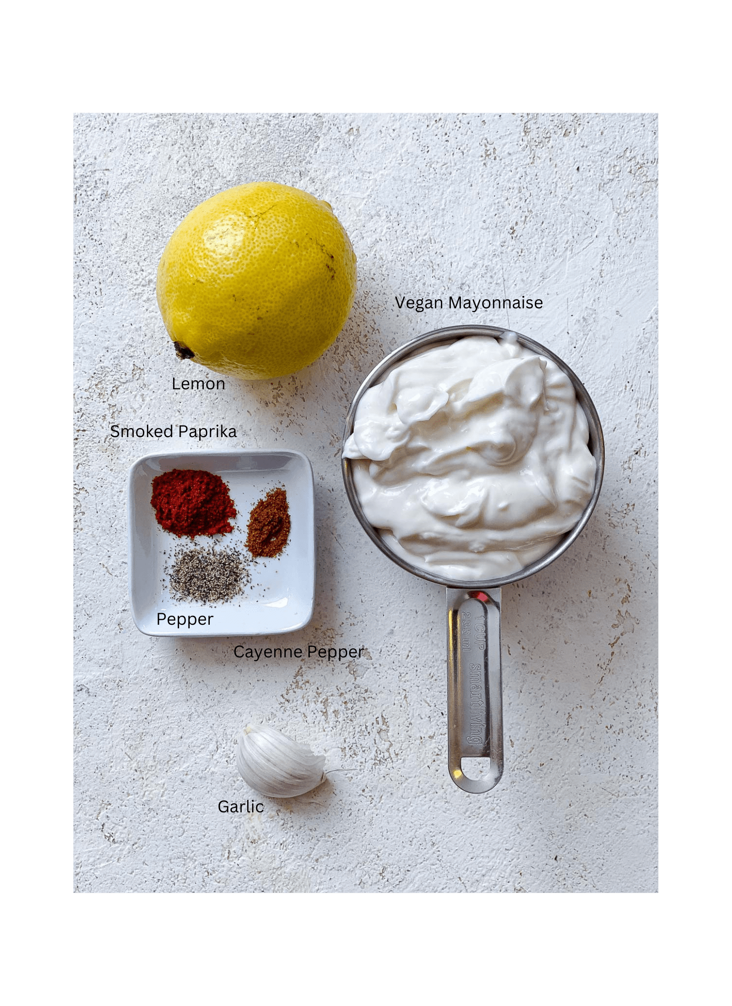 ingredients for 5-Minute Vegan Garlic Aioli measured out against a white surface