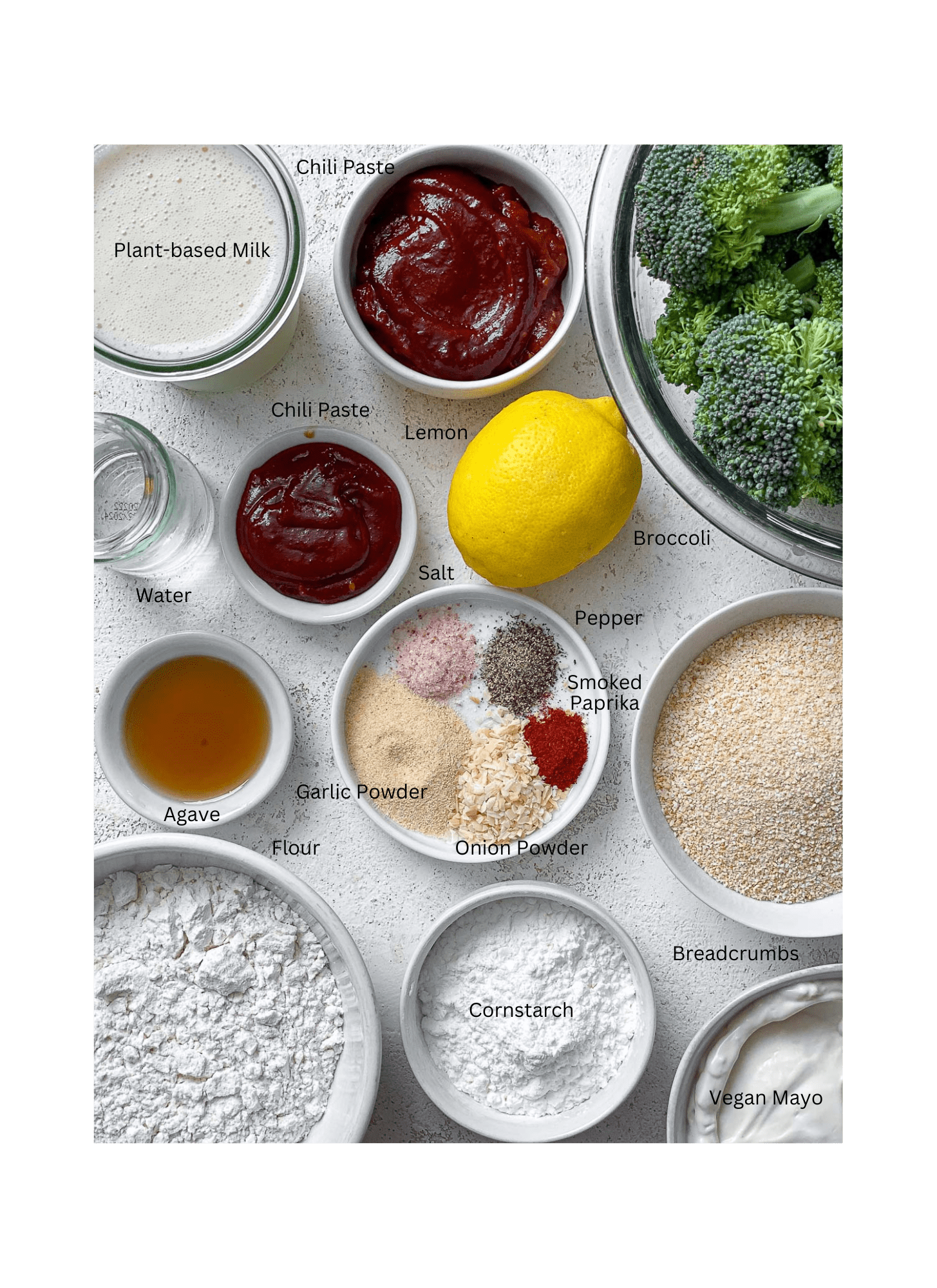 ingredients for Bang Bang Broccoli against a white surface