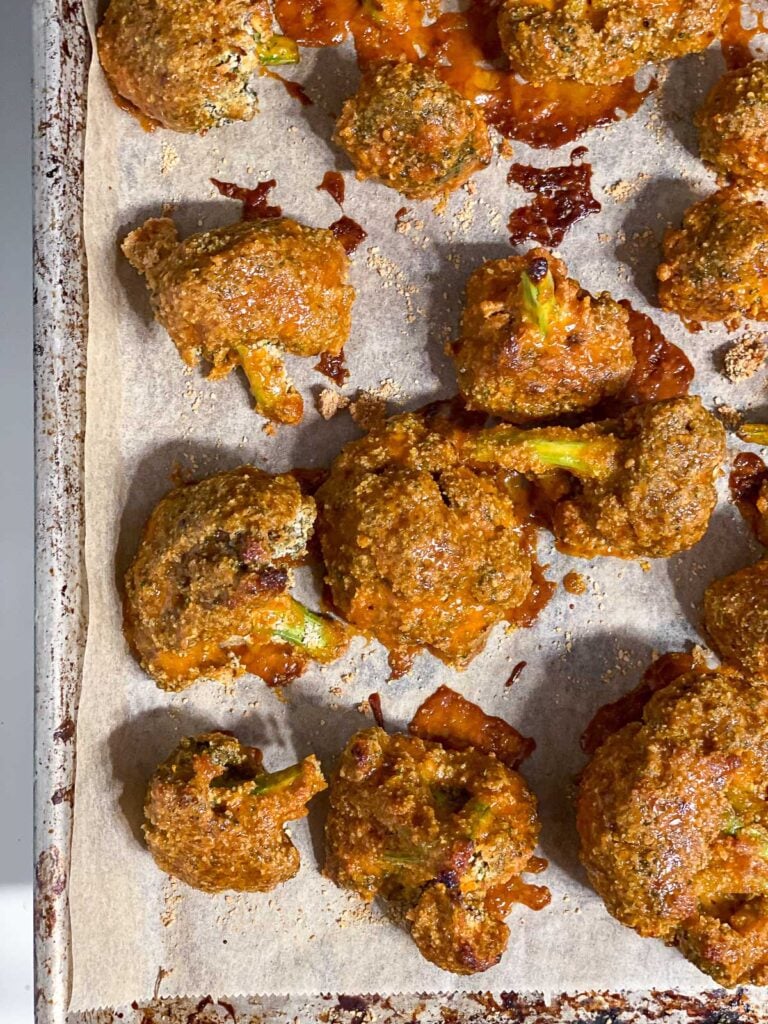 post baked Bang Bang Broccoli in baking tray