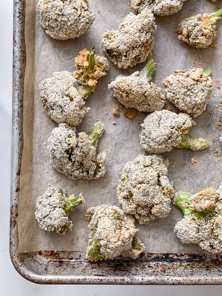 pre baked bang bang broccoli on baking dish