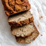 completed sliced Easy Protein Banana Bread on a white surface