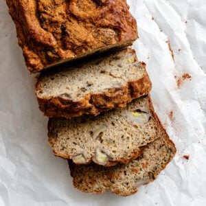 completed sliced Easy Protein Banana Bread on a white surface