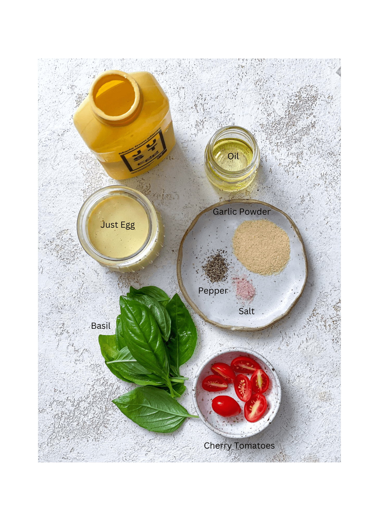 ingredients for Vegan Just Egg Omelette on a white surface