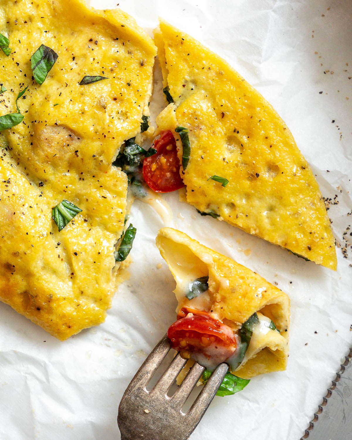 completed Vegan Just Egg Omelette on a white surface